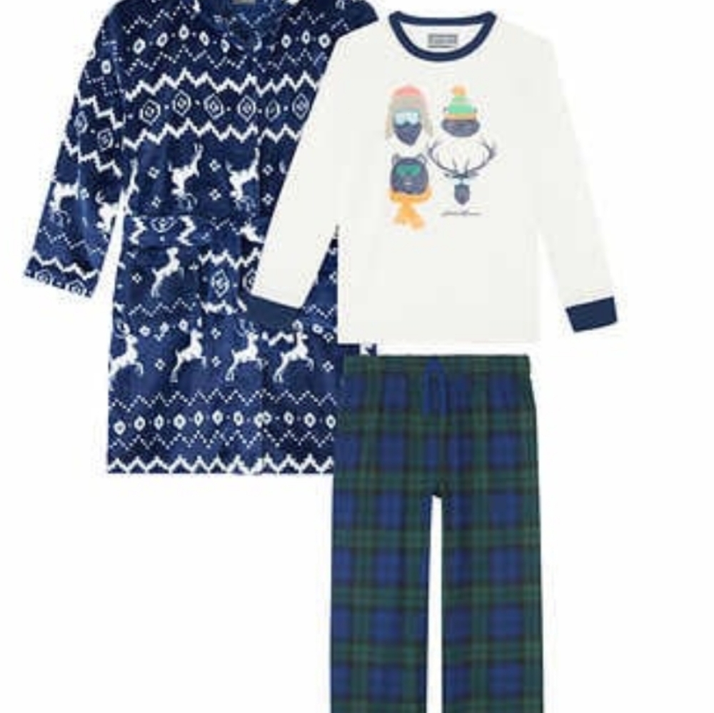 New! Eddie Bauer Youth kids boys 3-piece PJ Set Robe Reindeer Blue size XS NWT!!